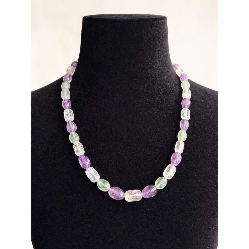 Fluorite Beaded Necklace Long‎ Pastel Purple Green Gemstone Boho Crystal Strand